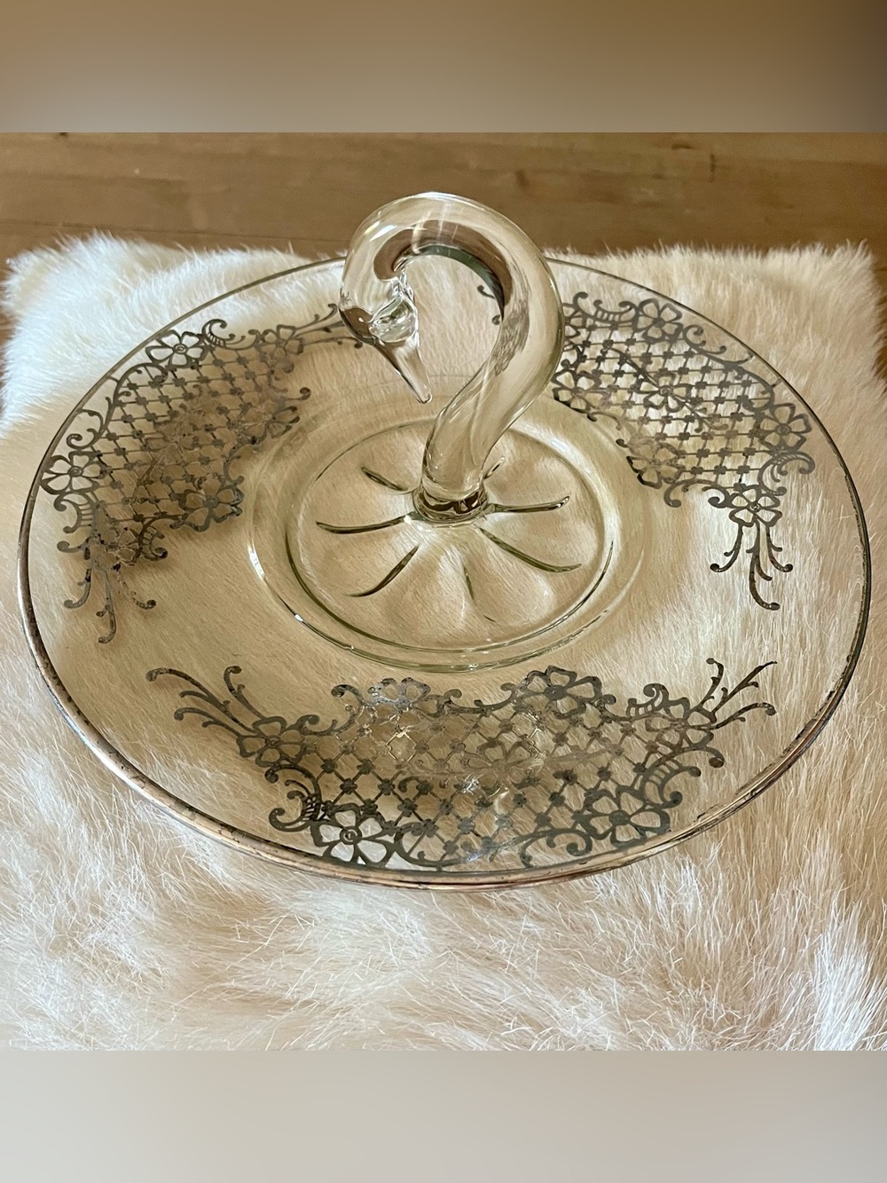 Vintage Clear Glass Swan Handle Serving Tray with Sterling Silver Floral Etching